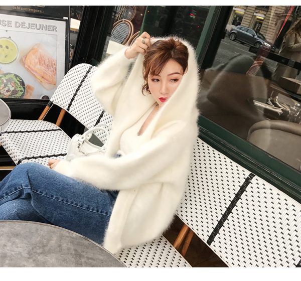 Beatiful Hooded White Mink Cashmere Sweater-Women's