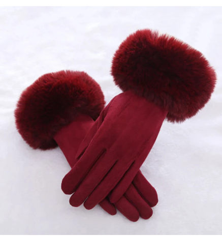 Wine Red Suede Gloves with Fur